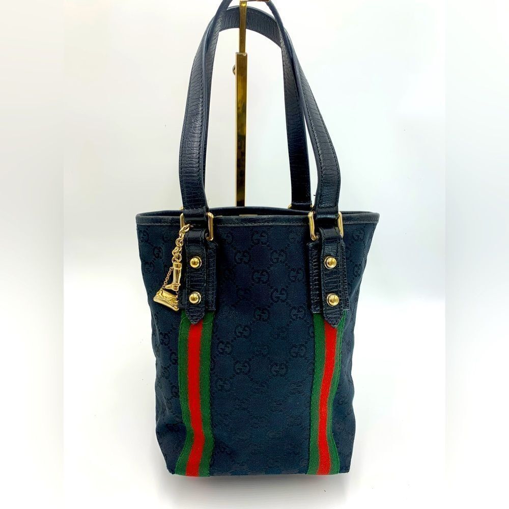 Gucci Small Black GG Canvas Sherry Line Jolicoeur Bucket Tote Bag Gold Charms